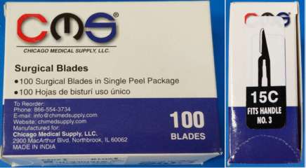 Surgical Dental Blades #15C Sterile Carbon Steel CMS -100 BCS15C
